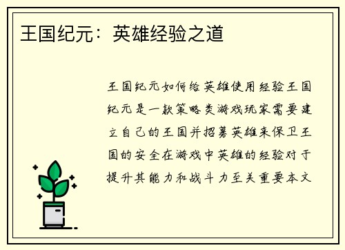 王国纪元：英雄经验之道